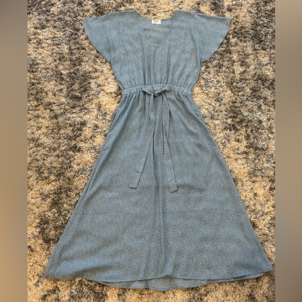 Sienna Sky Summer Dress S Blue Midi V-Neck Tie Waist Lightweight Boho Casual